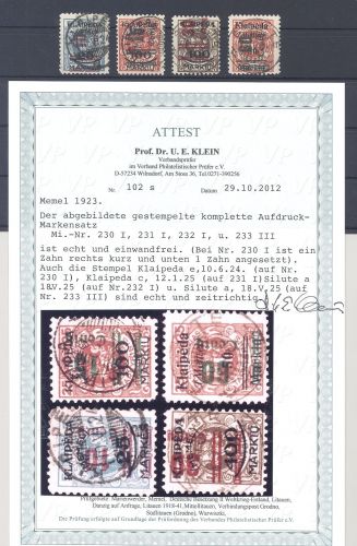 Memel Michel Nummer 230-33, Freimarken 1923 gestempelt, FA BPP