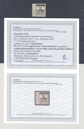 Saargebiet Sarre Ausgaben Michel Nummer 2 a I K ungebraucht * FA BPP