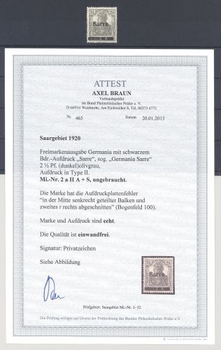 Saargebiet Sarre Ausgaben Michel Nr. 2 a II A + S ungebraucht * FA BPP