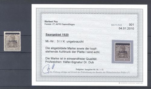 Saargebiet Sarre Ausgaben Michel Nr. 3 I K ungebraucht *. Befund BPP