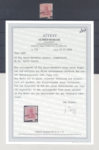 Saargebiet Sarre Ausgaben Michel Nr. 6a III FIV-V ungebraucht *, FA BPP