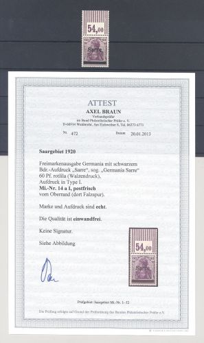 Saargebiet Sarre Ausgaben Michel Nr. 14 a I ** vom Oberrand, FA BPP