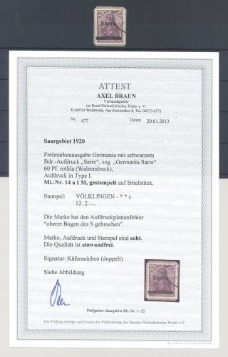 Saargebiet Sarre Ausgaben Michel Nummer 14 a I M gestempelt, FA BPP