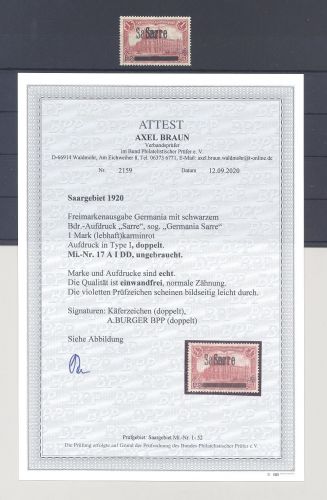 Saargebiet Sarre Ausgaben Michel Nr. 17 A I DD ungebraucht *, FA BPP