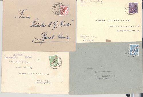 Berlin, 6 Briefe mit verschiedenen Frankaturen aus Rotaufdruck 1949