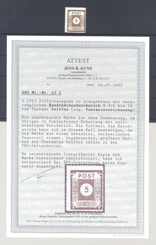 SBZ Michel Nummer 42 L, 5 Pfg. Seiffen ungebraucht (*), FA BPP