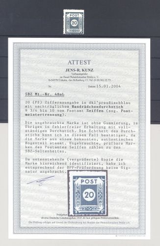 SBZ Michel Nummer 48a L, 20 Pfg. Seiffen ungebraucht (*), FA BPP
