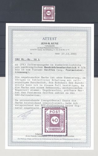 SBZ Michel Nummer 50a L, 40 Pfg. Seiffen ungebraucht (*), FA BPP