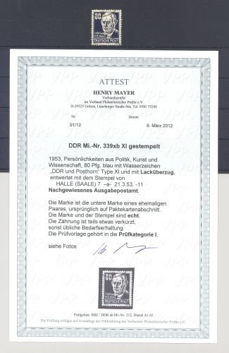 DDR Mi.Nr. 339 xb, 80 Pfg. 1953 Lacküberzug gestempelt, FA Mayer VP