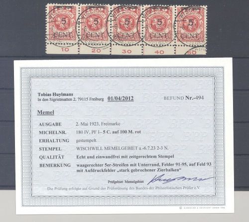 Memel, gestempelter Fünferstreifen Mi.Nr. 180 mit 180 IV, Befund BPP