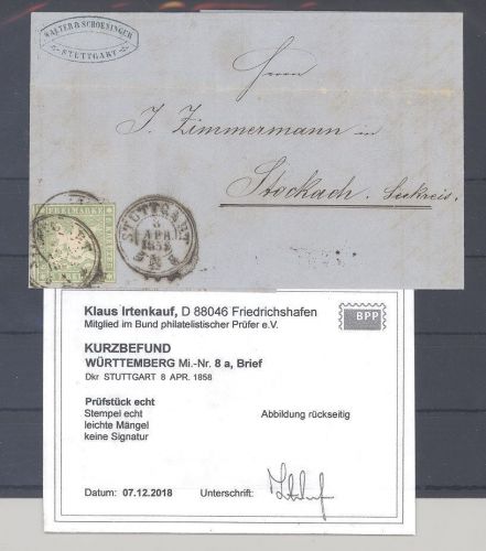 Württemberg, Brief mit Michel Nummer 8a als EF, Befund BPP