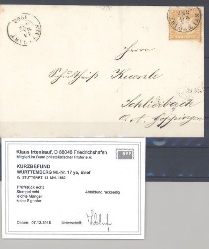 Württemberg, Brief mit Michel 17y, 3 Kreuzer 1861 als EF, Befund BPP