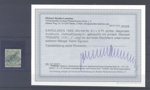 Dt. Kolonien Karolinen Michel Nummer 2 I, 5 Pfg. gestempelt, Befund BPP