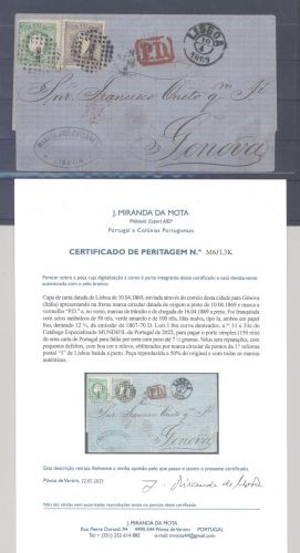 Portugal, Brief 50 R + 100 R König Luis 1867 nach Italien, Befund Mota