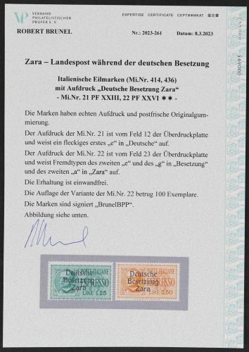 D. Bes. Zara, Mi 21 XXIII**, 22 XXVI** einwandfrei, Expertise Brunel VP