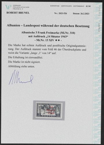 D. Bes. Albanien, Mi 13 XIV **, einwandfrei, Expertise Brunel VP