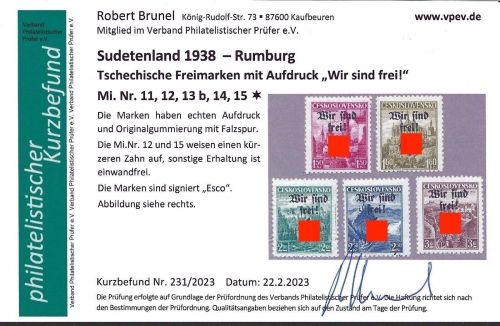 Sudetenland-Rumburg Mi 11, 12, 13b, 14, 15 * einwandfrei, KB Brunel VP