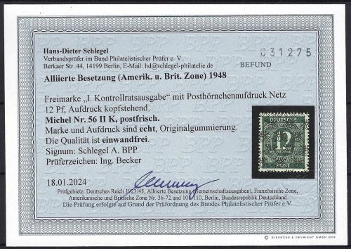 Bizone Mi 56 II K ** in Luxus Qualität mit Befund Schlegel BPP