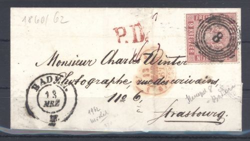 Baden, Brief Michel Nr. 12, 9 Kreuzer Freimarke 1860 EF nach Strasbourg