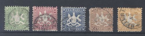 Württemberg Michel Nummer 25/29 Freimarken 1863 gestempelt