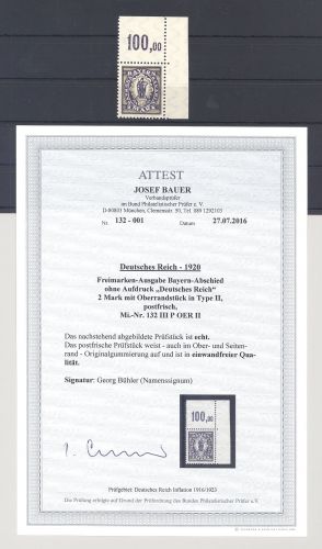 Dt. Reich Michel Nummer 132 III P OER II, 2 Mark 1920 ** FA BPP