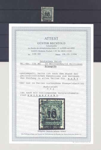 Dt. Reich Michel Nummer 336 A Wb, 10 Mrd. 1923 gestempelt, FA BPP
