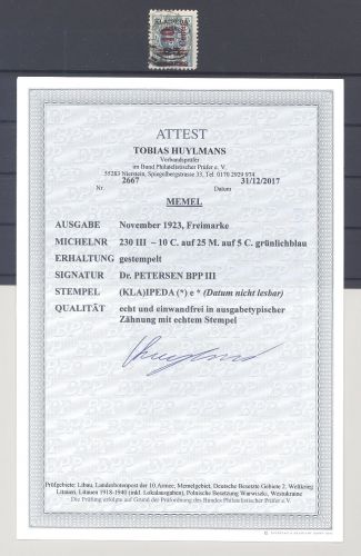 Memel Michel Nummer 230 III, 10 C. Lit. Bes. 1923 gestempelt, FA BPP