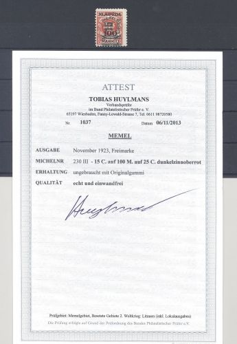 Memel Michel Nummer 231 III, 15 C. Lit. Bes. 1923 **, FA BPP