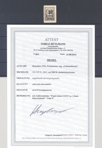 Memel Michel Nummer 236 I PF II, 30 C. Lit. Bes. ungebraucht *, FA BPP