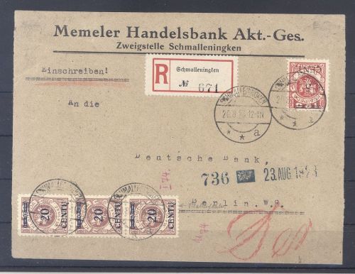 Memel Lit. Besetzung, Brief 20 Centu Dreierstreifen Schmalleningten
