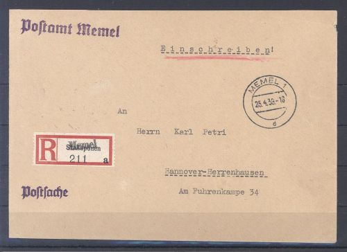 Memel, R - Brief 1939 mit Überdruck R - Zettel aus Stallupönen