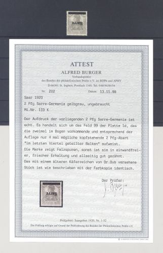 Saargebiet Michel Nummer 1 ID K, 2 Pfg. kopfstehender Druck *, FA BPP