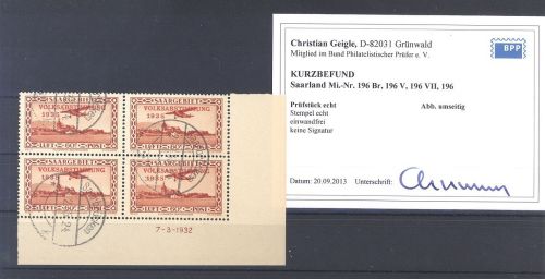 Saargebiet Mi.Nr. 196 Eckrandviererblock Druckdatum und PF Befund BPP