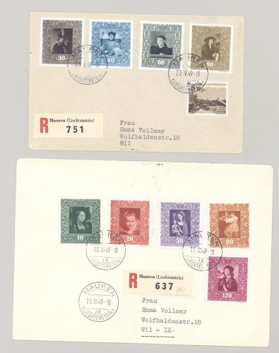 Liechtenstein Michel Nummer 268-276, Gemälde 1949, auf 2 FDC