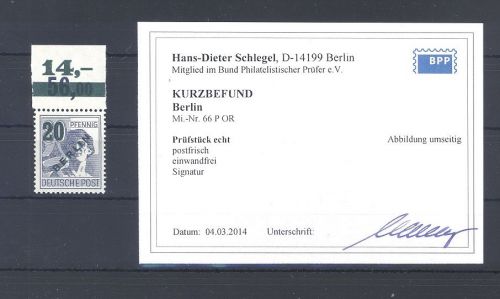 Berlin Michel Nummer 66 P OR, 20 Pfg. Grünaufdruck **, Befund BPP