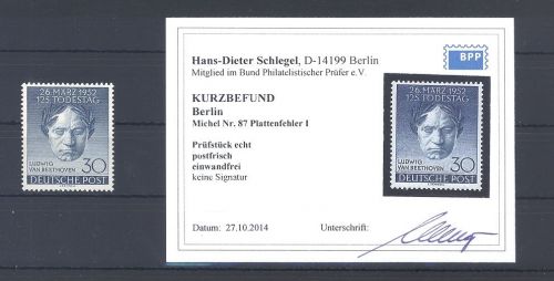 Berlin Michel Nr. 87 I, 30 Pfg Beethoven 1952 Plattenfehler I **, gp. BPP