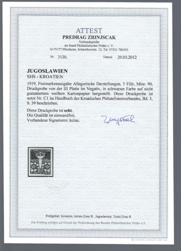 Jugoslawien/SHS-Kroatien 1919, Mi 90U (*) negativ, Probe, FA Zrinjscak