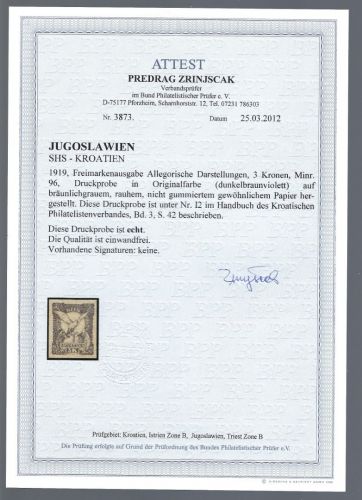 Jugoslawien / SHS-Kroatien 1919, Mi 96 U (*) Probe, FA Zrinjscak