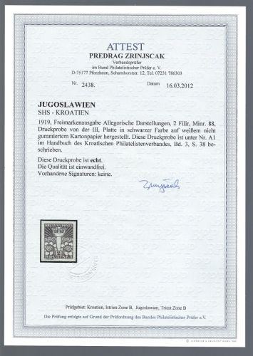 Jugoslawien / SHS-Kroatien 1919, Mi 88 U (*) Probe, FA Zrinjscak
