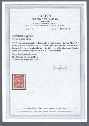 Jugoslawien / SHS-Kroatien 1919, Mi 95 U (*) Probe, FA Zrinjscak
