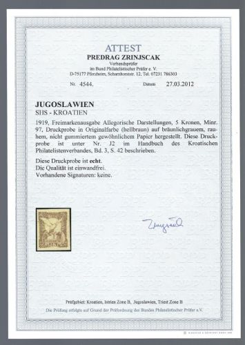 Jugoslawien / SHS-Kroatien 1919, Mi 97 U (*) Probe, FA Zrinjscak