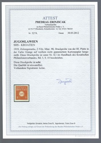 Jugoslawien/SHS-Kroatien 1919, Mi 98 U (*) Probe, FA Zrinjscak