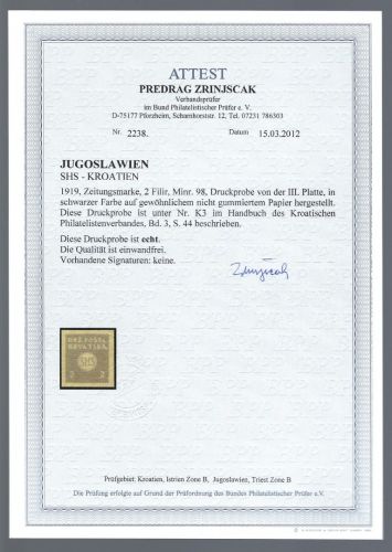 Jugoslawien / SHS-Kroatien 1919, Mi 98 U (*) Probe, FA Zrinjscak