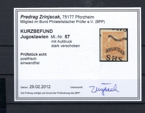 Jugoslawien / SHS-Kroatien, Mi 57 ** Aufdruck verschoben, KB Zrinjscak