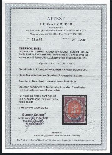 Oberschlesien, Oppelner Notausgaben, Mi 22 ° einwandfrei, FA Gruber BPP