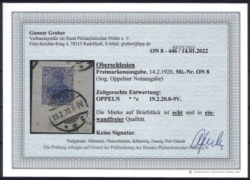Oberschlesien, Oppelner Notausgaben, Mi 8° einwandfrei, Bef. Gruber BPP
