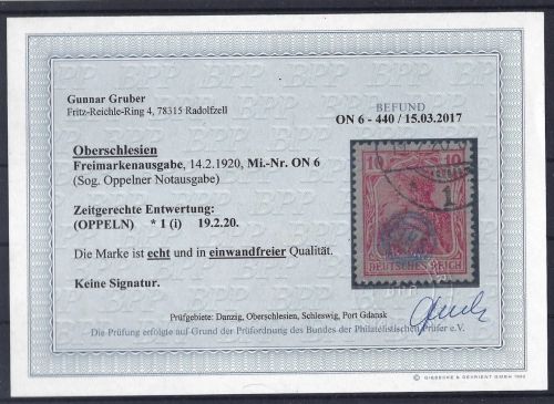Oberschlesien, Oppelner Notausgaben, Mi 6° einwandfrei, Bef. Gruber BPP