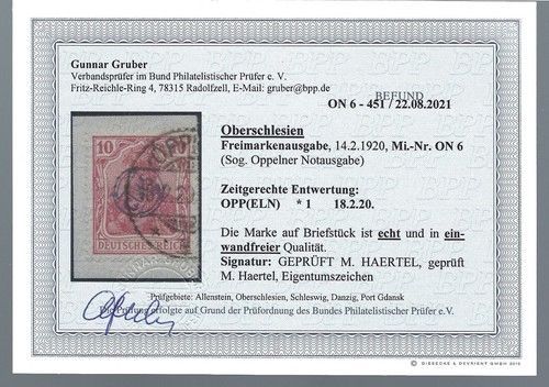 Oberschlesien Oppelner Notausgaben, Mi 6 ∆ einwandfrei, Bef. Gruber BPP