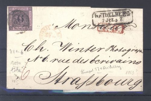 Baden, Brief mit Michel Nummer 4b, 9 Kreuzer Freimarke 1851-58 EF