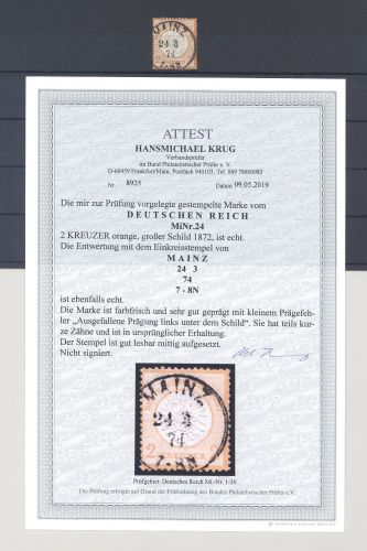 Dt. Reich Michel Nummer 24, 2 Kreuzer großes Brustschild gestempelt FA BPP